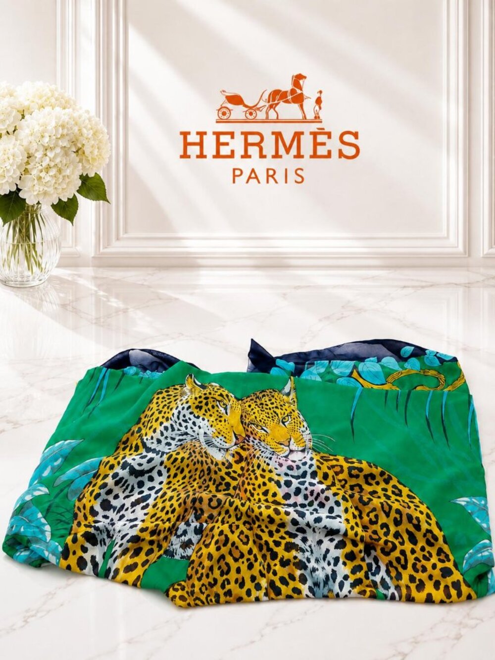 Authentic Hermès Tendresse Féline Leopard Scarf Green